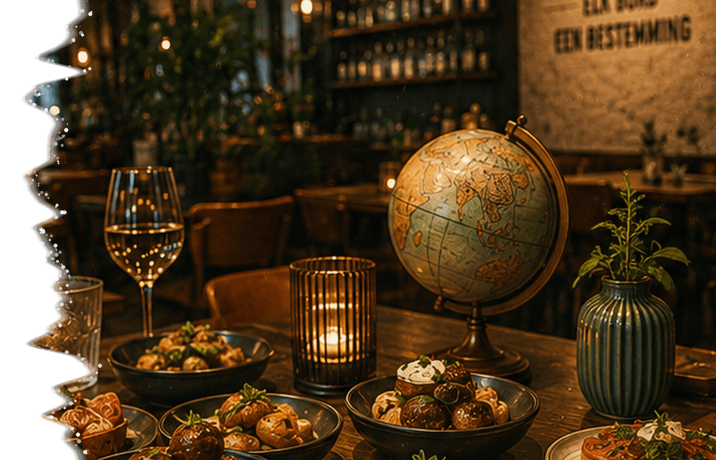 Interieur van By Castro: gedekte tafel vol wereldgerechten met een wereldbol en kaarslicht