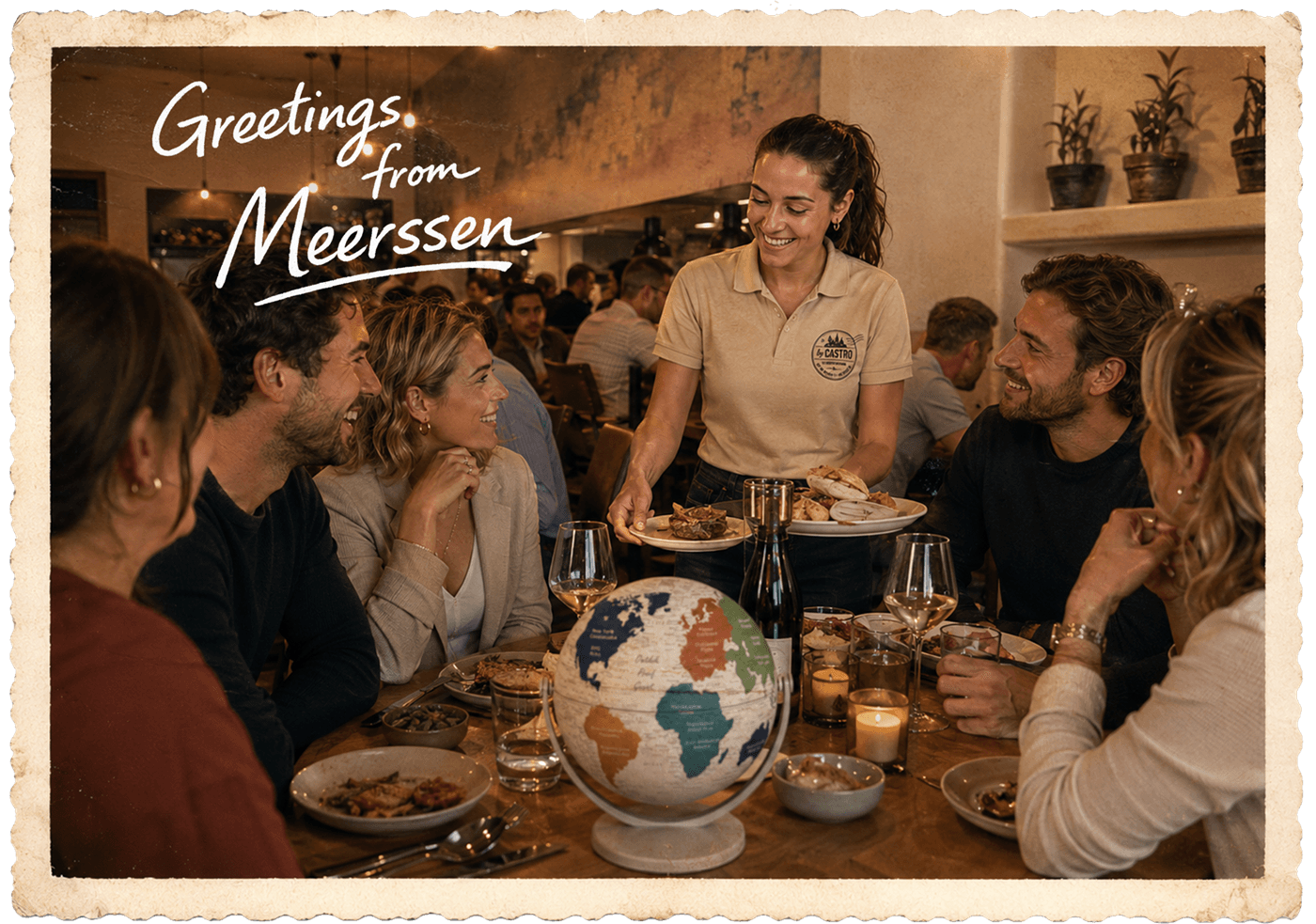 By Castro ansichtkaart: Greetings from Meerssen — gasten aan tafel in restaurant Meerssen.
