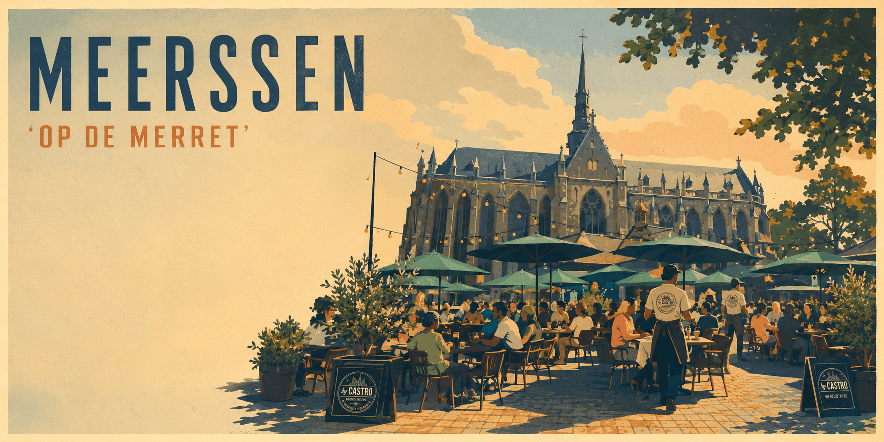 Vintage reisposter van Meerssen: op de Merret, het terras van By Castro bij de basiliek